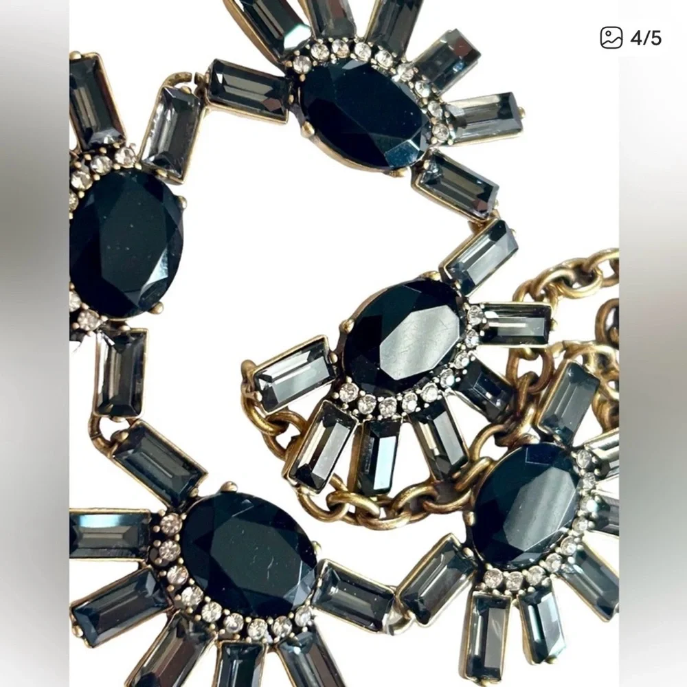 JCrew Statement Necklace Black & Bronzed Gold with Rhinestones